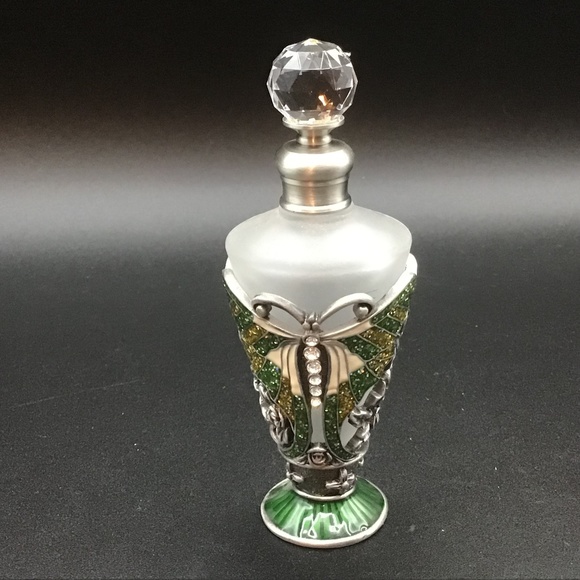 Perfume Bottle Retro Frosted Butterflies enamelled Lid jewelled Perfume Bottle - Picture 1 of 6